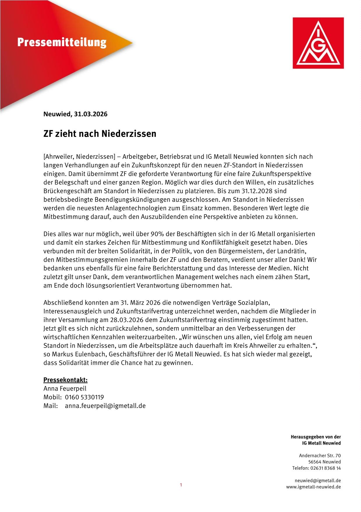 Pressemitteilung: ZF zieht nach Niederzissen
